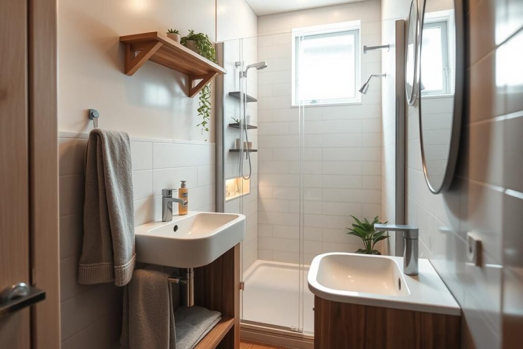 a cozy, modern tiny bathroom showcasing innovative space-saving solutions. In the foreground, a sleek, wall-mounted sink with hidden storage underneath, and a vertical towel rack made of natural wood. In the middle ground, a compact, shower cubicle with glass doors, featuring built-in shelves for toiletries. The background reveals light-colored tiles that reflect warm, ambient lighting, enhancing the cozy atmosphere. Include a small, stylish mirror that visually expands the space, accented by green plants for freshness. The scene is captured from a slightly elevated angle, providing a comprehensive view of the functional layout. Soft, natural light filters in from a small window, creating an inviting and bright ambiance.