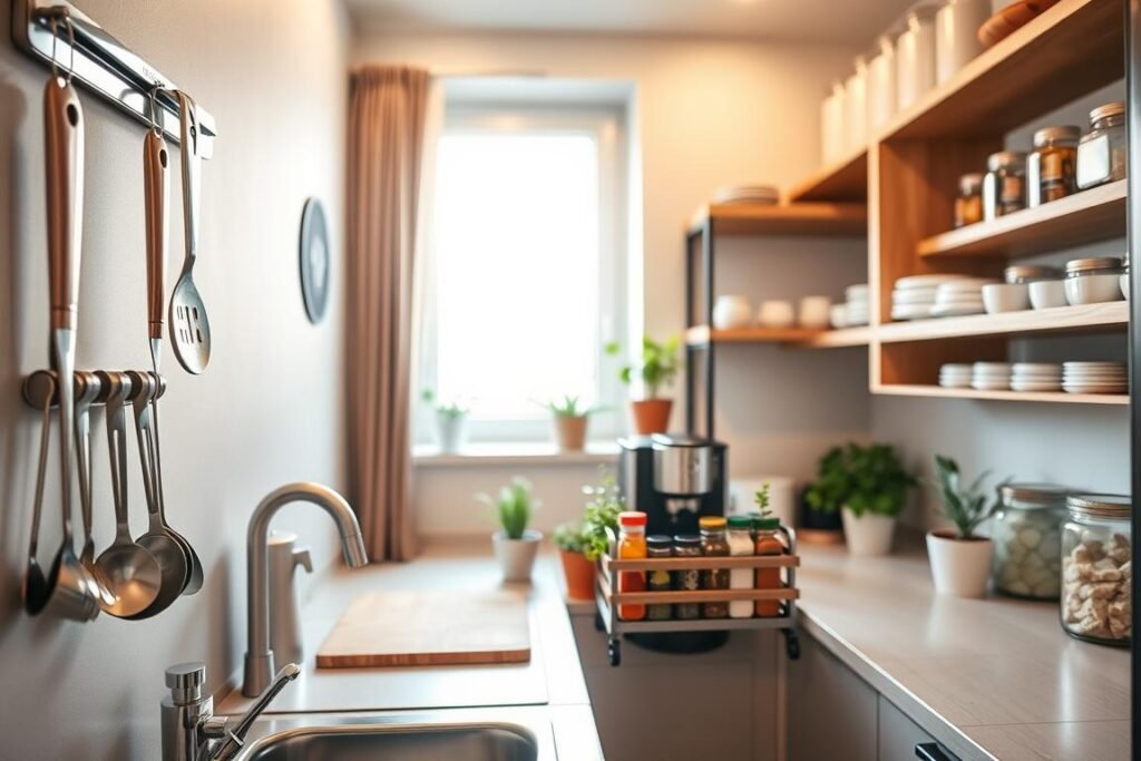 a modern kitchen in a small apartment, showcasing effective organization and space-saving solutions. In the foreground, neatly arranged utensils hang on a magnetic strip, while colorful spice containers are stored in an accessible tiered rack. The middle features a streamlined counter with a compact coffee maker and cutting board, complemented by potted herbs for a touch of greenery. In the background, open shelving displays neatly organized dishware and jars, enhancing the sense of spaciousness. The scene is illuminated by soft, natural light filtering through a window, creating a warm, inviting atmosphere. The camera angle is slightly above eye level, capturing the depth and layout of the space, emphasizing the cozy yet efficient kitchen design.