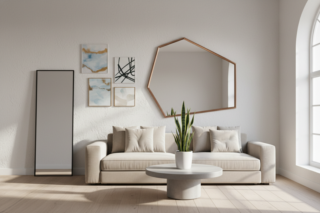 a serene minimalist living space featuring elegant mirrors that enhance the sense of openness. The foreground displays a sleek, modern couch with soft, neutral-toned cushions. In the middle, a stylish mirror with a unique geometric shape reflects light, creating depth, while a small, minimalist coffee table sits below it, adorned with a single plant for a touch of greenery. The background showcases a softly lit wall with a few framed abstract art pieces, maintaining a clean aesthetic. Natural light streams in from a nearby window, casting gentle shadows and brightening the room. The atmosphere feels airy and calm, perfect for maximizing visual spaciousness in a tiny apartment.