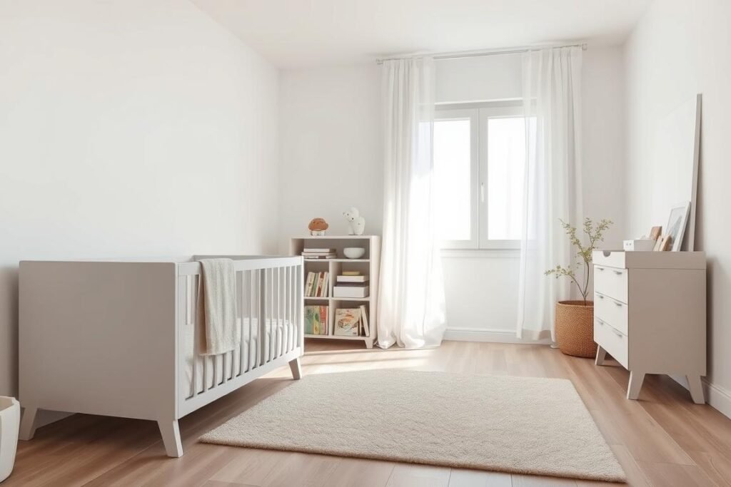 a serene minimalist nursery design featuring soft, neutral colors like pale gray and white. In the foreground, a sleek, modern crib adorned with a simple cotton blanket sits next to a streamlined changing table with minimalist storage options. The middle ground showcases an uncluttered small bookshelf filled with a few well-chosen children's books and a plush, neutral-toned rug on the floor. In the background, a large window allows natural light to flood the room, casting gentle shadows. Soft, airy curtains billow slightly, enhancing the calm atmosphere. The overall mood feels tranquil and organized, reflecting an efficient use of space while maintaining a warm and inviting ambiance, shot with a wide-angle lens to capture the entire scene.