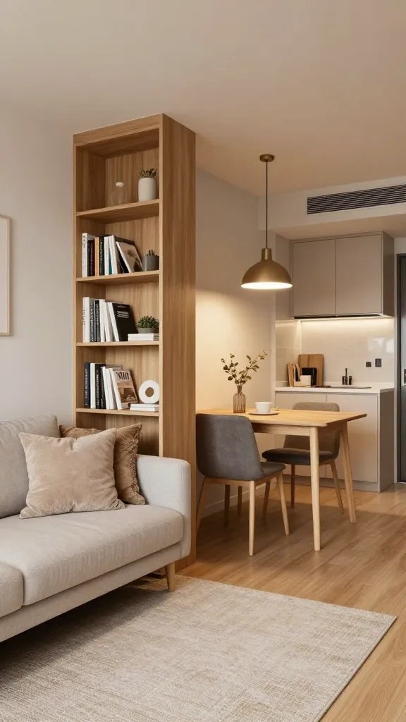 A realistic, high-quality photo of a compact, modern studio apartment interior showing clearly defined zones without walls. The living area features a cozy sofa with a soft rug anchoring the space, a bookshelf placed as a stylish divider to suggest separation rather than confinement, and a pendant light hanging over a small dining nook to signal the dining zone. The color palette is warm neutrals with natural wood tones, accented by subtle textures like a woven throw and a faux fur pillow. Balanced lighting highlights distinct areas: a seating area with processional sightlines toward a compact kitchen in the background. No text overlays. The scene exudes organized, purposeful zones that feel like a full home within one room, capturing the concept of creating zones without walls. The main subject from the article title should appear as the overall theme: a studio space that feels deliberately segmented and welcoming, with clean lines, soft shadows, and realistic detailing in furniture, lighting, and decor.