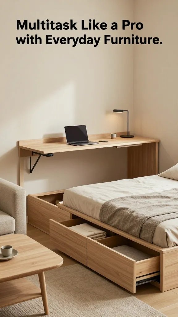 Create a realistic, high-quality photo of a compact studio living space that embodies “Multitask Like a Pro with Everyday Furniture.” The main subject is a cleverly designed platform bed with integrated built-in drawers for seamless storage, positioned against a softly lit wall with warm, natural tones. Adjacent is a lift-top coffee table that doubles as a workspace, its top raised to reveal a clean, organized desk area with a slim, modern laptop and a minimal desk lamp. Include a floating desk that tucks away into the wall when not in use, showing a small, tidy workspace with a few essential accessories. Add a versatile bench near the bed that conceals neatly folded linens inside, its top serving as a seating or entryway bench. The room should feel spacious and airy, with hidden storage solutions subtly exposed: bed drawers, lift-top mechanism, and a recessed desk panel. Use natural materials like light wood, matte finishes, and soft textiles (linen or cotton) in neutral tones (beige, taupe, stone gray) with gentle ambient lighting and a clean, uncluttered aesthetic. No text visible in the image.