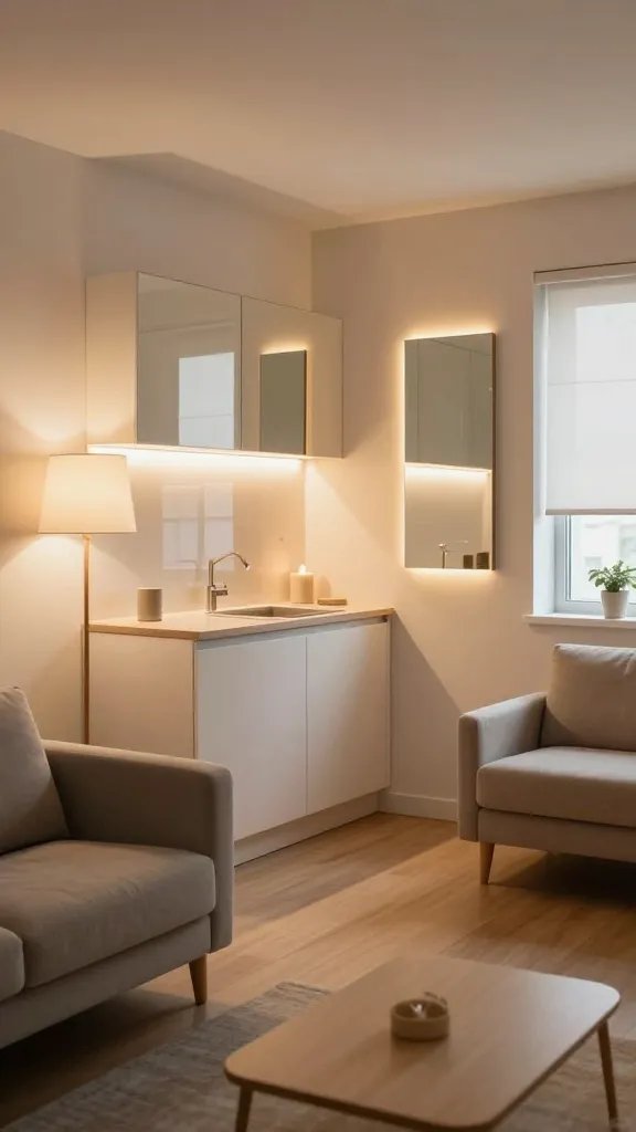 Create a high-quality, realistic photo of a compact, modern studio living space that demonstrates expert lighting layering as described: ambient, task, and accent lighting working together to visually expand the room. The scene features a cozy, efficiently organized studio with a warm, airy mood. Include: - A corner floor lamp with a soft, diffused glow casting broad ambient light to widen the space. - Under-cabinet LED strip lighting along a sleek kitchenette counter, providing subtle task lighting and highlighting clean lines. - Warm-lit mirrors positioned to bounce glow across the room, enhancing brightness and depth without glare. - A small, tasteful accent light (such as a wall sconce or tabletop candle-style light) to create contrast and mood. - Reflective surfaces (glass, glossy tiles) and light, neutral color palette (soft beiges, whites, and light wood tones) to maximize perceived space. - A comfortable, compact living area with a sofa, a slim coffee table, and minimal clutter; a hint of natural light entering from a window with light-filtering blinds to complement the artificial lighting. - The main subject should be the overall lighting setup and its effect on the tiny home feel, with no text overlays on the image. The final image should look like a candid, magazine-quality interior photograph, with crisp detail, realistic textures (fabric, wood, metal), balanced exposure, and a warm, inviting atmosphere that conveys how layered lighting can “fake square footage” in a small studio.