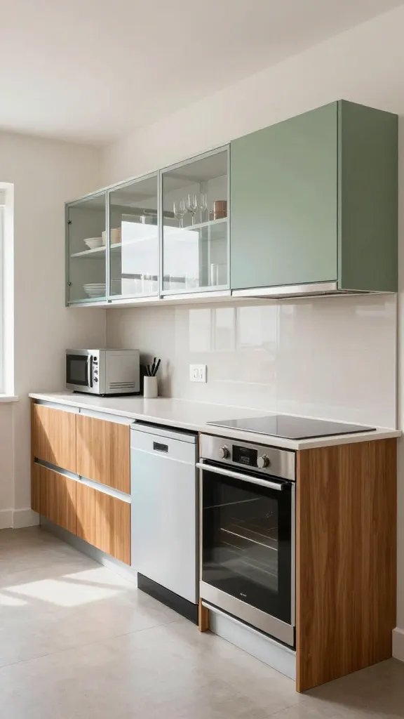 A realistic, high-quality photo of a compact, modern kitchen labeled as "The Floating Kitchen: Mini Yet Mighty" in a bright studio apartment. The scene showcases a straight-line galley layout with a long, slim countertop, a pull-out pantry integrated into the cabinetry, and a compact dishwasher tucked under the counter. Include stackable appliances (a slim microwave and a compact oven) neatly arranged to save space. Use clear glass upper cabinets to display neatly organized dishes and glassware, keeping everything visible and neat. Incorporate color to subtly separate zones without walls—perhaps a warm wood-toned base cabinets section transitioning to matte sage-green upper cabinets, or a pale blue accent strip along one side to delineate prep from cooking areas. Emphasize open sightlines with minimal clutter, sleek stainless-steel hardware, under-cabinet lighting, and a few well-placed, practical touches like a pull-out knife drawer and a slim trash/recycling pull-out. The overall mood should feel expansive, bright, and functional, with natural light streaming in and reflections suggesting a sense of a larger, well-organized space. No text on the image.