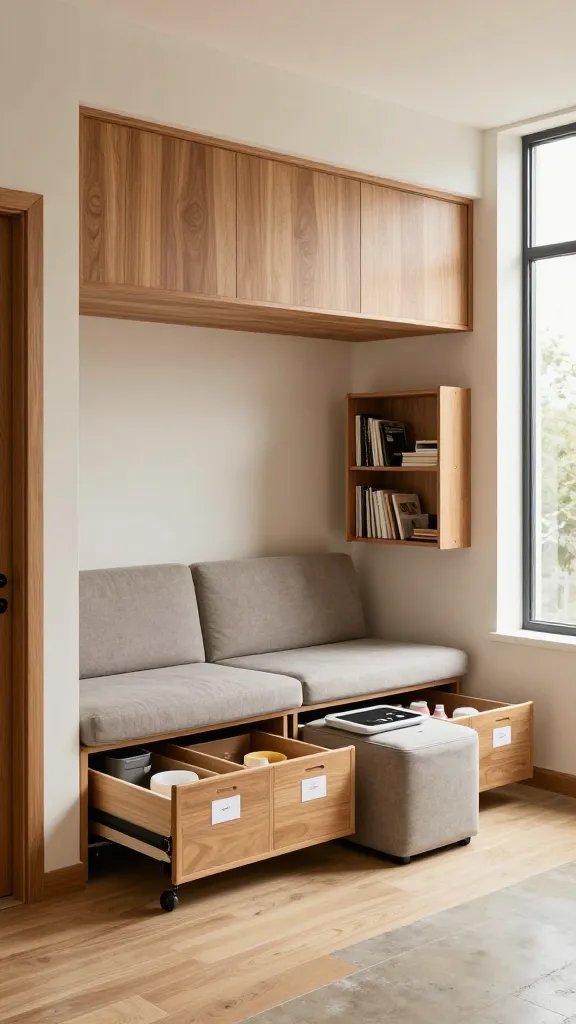 A sunlit, cleverly designed tiny studio living space showing hidden storage solutions that truly work: under-bed drawered storage with labeled compartments, rolling organizers tucked neatly under a compact sofa, overhead cupboards mounted above a doorway with soft-close hinges, an ottoman with a removable top revealing a sewing station and a compact charging dock, and a small modular shelving system integrated into a wall nook for books and daily essentials. The room feels calm and organized with warm wood tones, neutral colors, soft natural light from a large window, polished concrete or light wood floor, minimal clutter, and mid-century modern accents. The main subject from the article title—“Hidden Storage That Actually Works”—is depicted subtly through the efficient use of hidden compartments and space-saving furniture, creating a realistic, high-quality photo-ready scene suitable for a home décor spread. No text within the image.