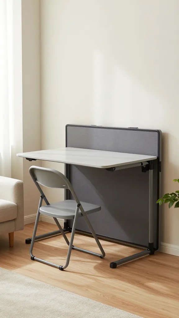 Create a realistic, high-quality photo of a compact, stylish apartment living area showing foldable furniture in action: a wall-mounted drop-leaf table extended to provide a small work surface, a sleek folding chair tucked neatly underneath, and a hidden Murphy bed smoothly folded into the wall to reveal additional floor space; the room should feel bright and airy with neutral tones, soft natural light from a window, and subtle, modern decor including a compact sofa, a slim rug, and greenery. The main subject should be the foldable function taking center stage as the space-saving workhorse, with a sense of practicality and effortless versatility. No text on the image.