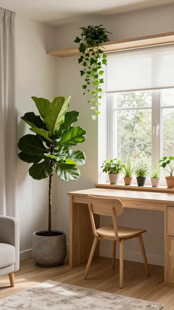 A bright, airy studio apartment living area with a minimalist, modern aesthetic, featuring a tall fiddle-leaf fig plant in a stylish corner planter that adds height and a tropical vibe; trailing ivy cascades gracefully along open wooden shelving above a compact workspace, with window herbs in small pots lined on the kitchen windowsill to add a pop of green; the space is infused with natural light from a large window, soft neutrals, warm wood tones, and subtle acoustic-softening textures such as a plush rug and fabric curtains; detail shots include lush greens, clean lines, and a sense of a mini oasis that feels like a full home, all rendered in high-resolution realism without any text on the image.