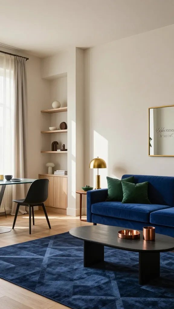 A realistic, high-quality photo of a small, sunlit studio living space that embodies the concept "Color Smart: Light Walls, Bold Accents." The room features soft neutral walls (warm off-white or light beige) with natural wood tones in furniture. Layer bold accents throughout: a deep blue velvet sofa paired with forest green throw pillows, a navy geometric area rug, and a charcoal coffee table. Add metallic accents in small doses—brushed brass lamps, a gold-framed mirror, and a copper planter—to lift the room without crowding it. Include architectural details like built-in shelving with minimalist decor, a light-colored drapery to diffuse sunlight, and a compact dining nook with a matte black chair and a small glass table. The space should feel curated yet airy, with purposeful color layering that visually expands the room. No text on the image.