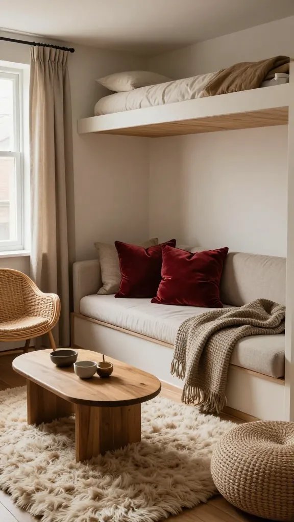A realistic, high-quality interior photograph of a compact studio living space showcasing textures that add depth. The main subject is a cozy, integrated living area with a warm, layered palette. Include a plush wool rug under a low-profile coffee table, a boucle throw casually draped over a sofa, and velvet cushions in a rich jewel tone for a luxe pop. Add warmth with visible rattan or wicker accents such as a lightweight chair or side table, and layer fabrics in small doses: a soft linen-like curtains, a textured throw blanket, and a woven pouf. The room should feel intimate and built-in, with soft natural light from a nearby window, subtle shadows to emphasize depth, and no visible text or branding.