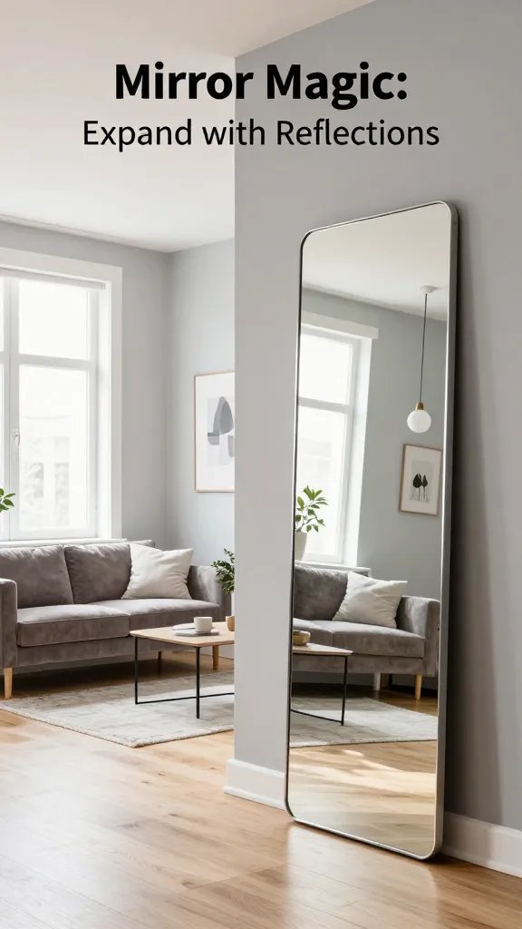 A realistic high-resolution photo of a compact studio apartment interior showcasing “Mirror Magic: Expand with Reflections,” with a main subject representing the article title as a stylish, modern concept. The scene features a tall vertical mirror near the entryway reflecting a bright, sunlit living area to visually double the space, and another large mirror placed opposite a window to double daylight, both framed in sleek, contemporary metal. Decorative mirrors are artful, leaning against a soft gray wall and reflecting tasteful furnishings: a small, cozy lounge with a plush velvet sofa, a slim coffee table, and a potted plant; subtle pendant lighting; and a light wood floor. The overall aesthetic is airy and cohesive, emphasizing how mirrors amplify light and space without clutter, with clean lines, balanced symmetry, and natural textures that make the studio feel expansive and inviting. No text on the image.