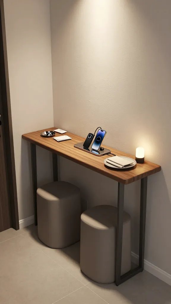 A realistic, high-quality photo of a slim, modern console in a compact entryway that serves as a multi-functional command center. The console is long and narrow, with a smooth wooden top and a sleek matte backing, placed against a lightly textured wall. On the top surface, include a few neatly arranged essentials: a small metal dish with keys, a slim tray with mail, and a discreet charging hub with visible cables tucked away behind a built-in cord pass-through, showing charging devices like a smartphone and smartwatch resting on a polished charging pad. The console doubles as a dining surface with two compact, elegant dining stools tucked underneath and a minimalist plate with a simple napkin to imply occasional use as a desk. Add subtle, warm ambient lighting from a wall sconce and a small table lamp placed at the far end, casting soft shadows to emphasize depth. The space should convey a clean, organized, stylish entryway focal point that hides daily clutter out of sight, with the main subject—the console—clearly featured as the unsung hero in a tiny footprint. No text or branding in the scene.