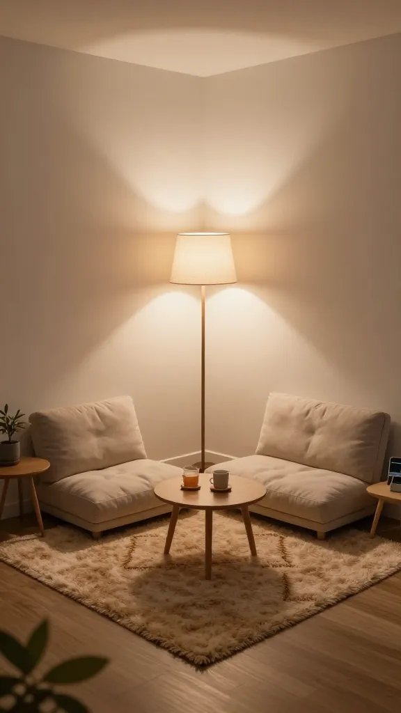 A high-resolution, realistic interior scene of a tiny studio apartment corner transformed into a cozy lounge nook. Include a small, stylish sofa or a pair of floor cushions facing a compact coffee table. Anchor the seating with a plush, medium-pile rug in warm tones. Soft, ambient lighting from a floor lamp and wall sconces creates a inviting glow. Add accessible side tables for drinks and tech, with a small plant or decorativeObject for a homey touch. The overall color palette should be warm neutrals with subtle texture, and the space should feel like a comfy retreat that you’d look forward to hanging out in at home. The main subject should be clearly presented as the cushy corner lounge as described in the article heading, with no text or signage in the image.