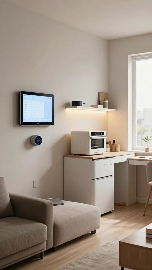 Create a high-resolution, photorealistic image of a compact, modern studio living space showcasing smart tech that reduces daily friction. The main subject should be a sleek, unobtrusive smart home setup integrated into a tiny apartment: a wall-mounted tablet or smart hub displaying a clean, minimal dashboard; smart plugs discreetly powering compact, energy-efficient appliances like a small countertop oven and a compact fridge; an under-cabinet or hidden-vent smart speaker delivering voice-activated assistance; a few smart bulbs or LEDs providing warm, adjustable lighting that highlights a clutter-free, space-efficient living area with a multifunctional furniture piece (e.g., a sofa bed with hidden storage) and a small, tidy workspace. The scene should feel airy and organized, with natural light from a window, neutral tones, and subtle reflections on glossy surfaces to convey a realistic, lived-in tiny home that demonstrates how smart tech expands perceived space without adding clutter. No text on the image.