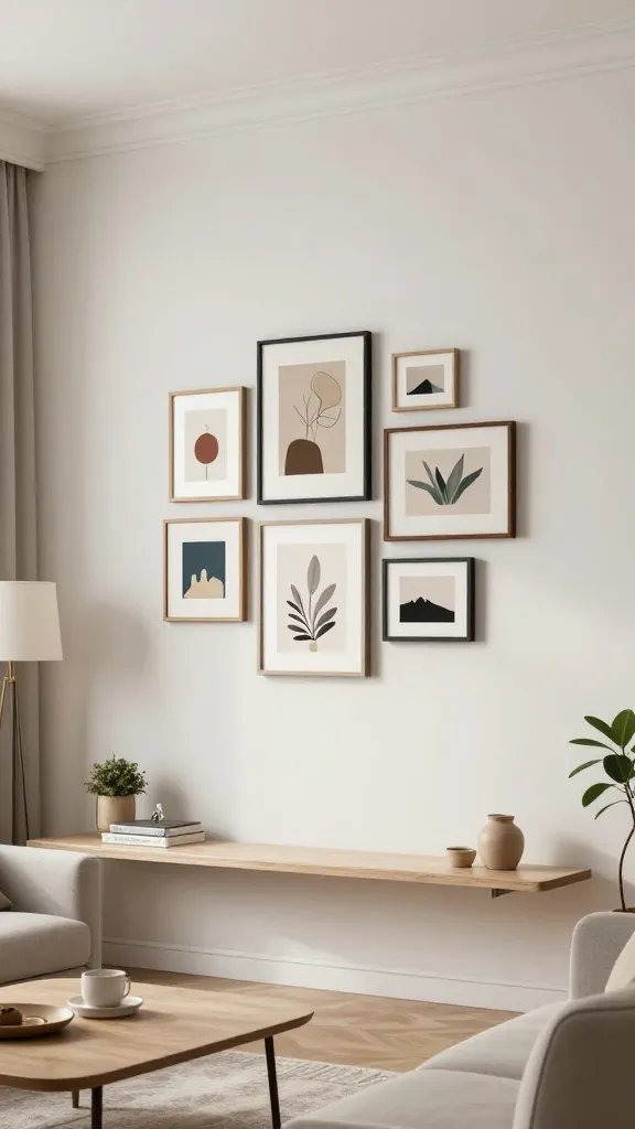 Create a realistic, high-quality photo of a compact, stylish studio living space featuring a rotating wall art gallery as the main focal point. The main subject should be a small, cohesive collection of 3–5 wall-mounted frames in a unified color story (soft neutrals with pops of muted color) arranged in a balanced, gallery-style display along a clean wall above a slim console or couch. The room is bright with natural light, showing simple furniture: a low-profile sofa, a compact coffee table, and a sleek wall-mounted storage or shelving unit to emphasize space-saving design. Include subtle decorative elements like a plant, a lampshade, and a small rug to add warmth. Ensure the wall art consists of small, varied but harmonious prints, without any text on the images, and convey a sense of rotating, fresh curation that doesn’t clutter the space.