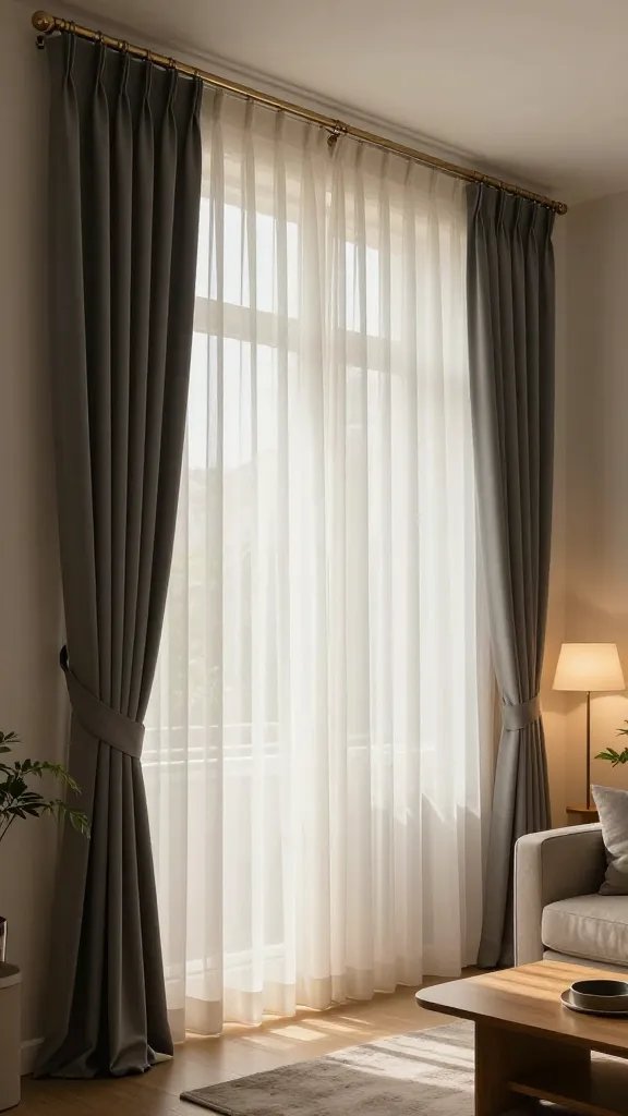 Create a high-resolution, photorealistic interior scene of a compact studio living space that emphasizes textured window treatments as the main subject. The focal point is a large, expansive window with layered window coverings: sheer, light-diffusing drapes paired with blackout panels, both in luxe, neutral tones (e.g., soft ivory sheers with charcoal-gray blackout panels). The rods should mount closer to the ceiling to visually extend the window height, with elegant, slim hardware in brushed nickel. The fabrics are soft, flowing, and slightly voluminous to convey warmth and deliberate design. The room around the window is modern and cozy: a small, neatly organized living area with a compact sofa, a low profile coffee table, warm wood tones, and soft, ambient lighting—perhaps a floor lamp with a warm glow and a few plants to add life. Natural light filters through the sheer panels, casting subtle, inviting shadows that highlight the texture of the fabrics. The overall mood is airy and luxe, illustrating how textured window treatments shape space in a tiny studio. No text on the image.