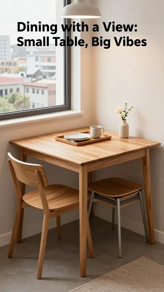 A bright, realistic high-resolution photo of a compact apartment dining nook titled “Dining with a View: Small Table, Big Vibes,” featuring a foldable extendable wooden dining table with a slim profile positioned against a wall with a large window showing an urban view. The table is set with a tasteful, compact place setting on a stylish tray for easy storage, including a simple plate, mug, and minimal cutlery. Two stackable chairs with clean lines are tucked neatly under the table, ready to be pulled out; additional chairs are stored in a corner or built-in niche to emphasize practicality. The scene includes subtle decorative touches like a small vase with a single flower, a soft rug underfoot, and a light pendant overhead casting warm, inviting light. The space feels lived-in and social, suitable for daily meals or work sessions, with natural light highlighting textures of wood, fabric, and metal in a modern, minimalist apartment. No text on the image.