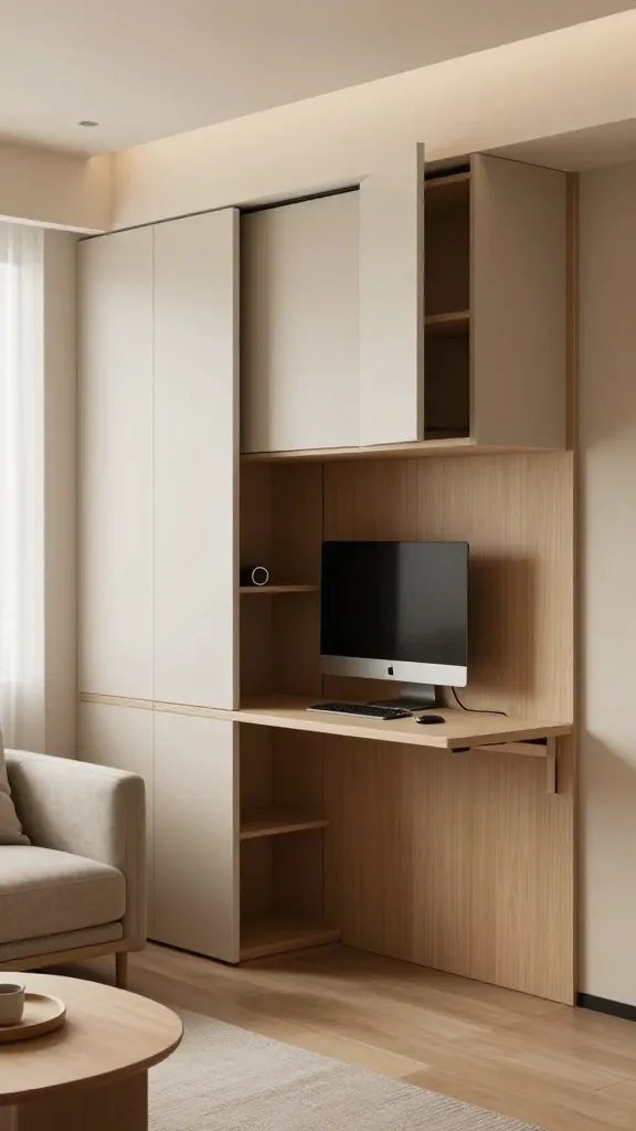 A realistic, high-quality photo of a modern, compact studio living space featuring a hidden desk concept. The scene shows a stylish wall with sleek sliding cabinet doors that seamlessly conceal a downfolding wall-mounted desk, revealed partially with doors slightly ajar to imply a hidden workspace. The desk, when extended, has a slim, minimalist surface with a wireless keyboard and a slim monitor, tucked away in a tidily organized, cable-managed nook. Around the desk area, there are clean grooves and channels in the wall for cable management, subtly integrated into warm wood or matte finish panels. The room includes a comfortable, multi-functional living area with a compact sofa, a small coffee table, and soft, ambient lighting to convey a calm, zen vibe. The overall palette is harmonious neutrals with natural wood tones, ensuring a cohesive, clutter-free aesthetic that communicates “the hidden desk” as a seamless, everyday part of the home. The main subject from the article title, the hidden desk that appears when needed, is the focal point, presented in a realistic, image-quality photo style with natural light filtering through a nearby window, no text or branding visible on the image.