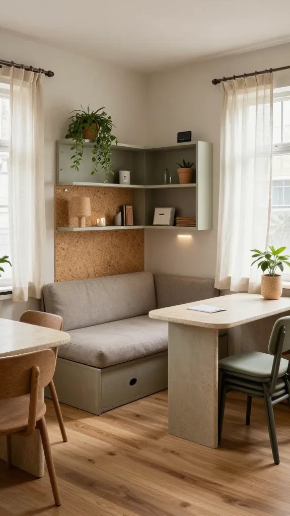 A high-quality, photorealistic interior scene of a compact, sustainable studio living space that centers on a calm, timeless aesthetic. The room features modular, reconfigurable furniture: a convertible sofa that can serve as seating or a bed, a modular shelving system with reconfigurable panels, and a small dining nook with stackable chairs. Reupholstered or refurbished second-hand pieces with fresh coats of paint in muted earthy tones. Natural materials are prominent: a warm wood floor, cork accents on a wall panel, and stone or ceramic table surfaces. The space includes eco-friendly decor such as a potted plant wall, a handmade cork lamp, and small, energy-efficient LED lighting. Use of multifunctional items, hidden storage, and smart organization to maximize space. Large windows with sheer natural linen curtains let in soft daylight, highlighting textures and sustainable touches. The image should be a single, cohesive, realistic photo that conveys an eco-conscious, clutter-free, timeless studio living environment without any text. The main subject—sustainable chic living in a tiny studio—is the focal point of the composition.
