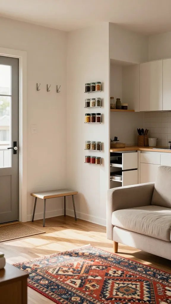 A stylish, sunlit tiny studio apartment interior that showcases zone-specific affordability hacks, with a cohesive, modern aesthetic and a warm, welcoming atmosphere. The main subject should be a well-organized living space that clearly highlights the affordable tweaks described: an entry area with sleek, minimalist coat hooks and a slim, low-profile bench by the door; a living area with a bold, patterned rug that defines the seating zone and a compact sofa with clean lines; a kitchen area featuring visible magnetic spice jars on a metal rail and pull-out organizer drawers integrated into a slim, efficient cabinet. The scene should feel polished yet budget-conscious, emphasizing smart, high-impact details: magnetic spice jars neatly arranged, smooth pull-out organizers, and a tasteful rug anchoring the living zone. Use natural light from a nearby window, soft shadows, and a cohesive color palette of warm neutrals with pops of color from the rug and accessories. No text on the image.