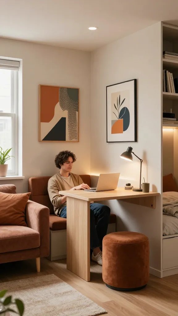 A bright and cozy tiny studio apartment interior, photographed in high-resolution realism, showcasing a stylish, compact living space that feels like a full home. The main subject should be a confident, stylish young adult relaxing in a well-lit corner that demonstrates the "final flourish" concept: a two-to-three zone layout with distinct color and lighting defined spaces. Include a warm coffee-colored palette with pops of color: a defined lounge zone with a plush sofa, a small multifunctional dining/work table that converts into a workspace, and a sleeping nook partially visible with a chic, space-efficient wardrobe or tall bookcase. Showcase clearly defined zones using color accents and layered lighting: warm ambient ceiling light, a focused task light at the desk, and subtle under-shelf or accent lighting highlighting textures. Feature one standout statement accessory reflecting the person’s vibe—such as a bold wall art piece, a textured throw, or a sculptural plant stand. Integrate a multifunctional piece like a storage ottoman or a fold-down wall desk to emphasize instant upgrades. The scene should convey a lived-in, aspirational vibe—tiny space, full-home feel—with natural light streaming through a window, clean lines, and tasteful decor. No text on image.