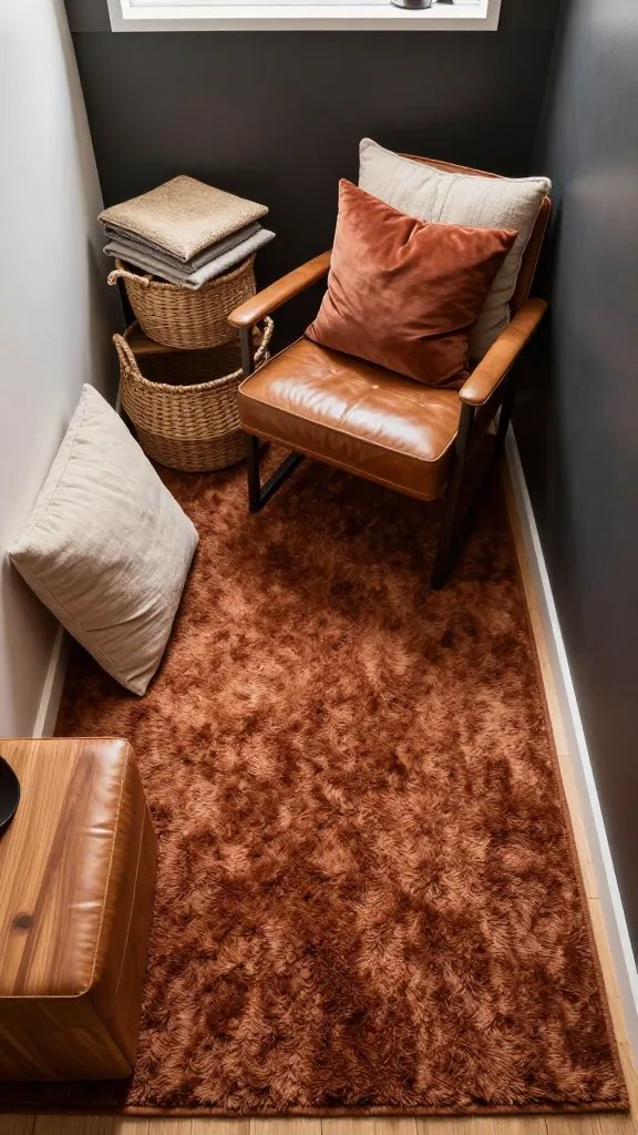 A realistic, high-quality interior photograph of a compact living space that showcases layered textures as the main subject. The scene features a plush area rug with a rich, inviting pile paired with a sleek leather accent chair positioned on one side, creating a balanced focal point. Surround the seating with woven baskets and soft, textured cushions to add visual warmth. Include a mix of finishes: matte walls and furniture surfaces contrasted with subtle, low-sheen decor accents and a hint of metallic or glossy elements in small decor pieces. Use varied materials such as a soft linen throw, a velvet pillow, a leather ottoman, wood grain furniture, and natural fibers to convey depth and coziness. The space should feel intentionally curated in a modern, tiny-space style, with careful lighting that enhances texture without overpowering it. The image should be a single, well-composed shot that emphasizes texture as the free real estate for personality, with no text or overlays.