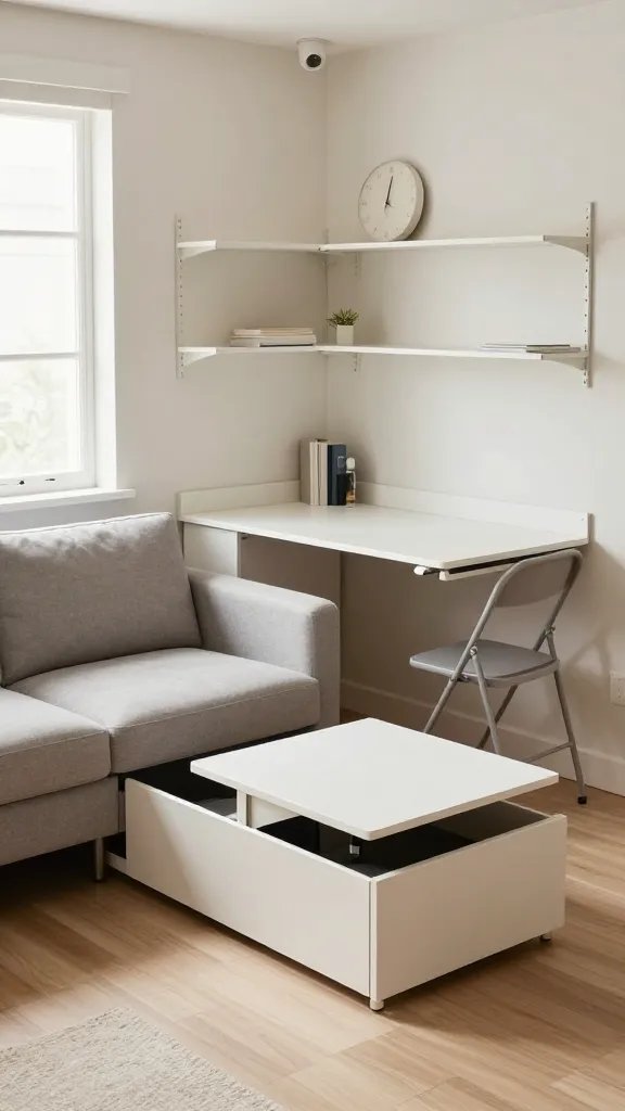 A realistic, high-quality interior photograph of a bright, modern tiny apartment corner showcasing multi-functional furniture. The main subject should be a compact living space with a sofa that doubles as storage (drawers under the seat) and a slim coffee table that converts into a desk, with a fold-out desk surface extended to create a small work nook. Include a storage ottoman that opens to reveal hidden items, and wall-mounted shelving with slim profiles to maintain open sightlines. The room features light, neutral tones, clean lines, and hidden storage solutions to maximize space. A folding chair tucked under the desk, a wall clock, and a few minimalist decor pieces emphasize practicality and efficiency. Ensure the scene feels realistic, uncluttered, and showroom-like, with natural daylight streaming through a window and the layout clearly demonstrating how every piece earns its keep. No text on the image.