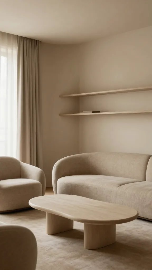 A realistic high-quality photo of a modern tiny apartment living space that emphasizes soft edges: a curved, plush sofa in a neutral linen fabric with rounded arms, paired with armless chairs featuring gentle, sweeping curves; a rounded coffee table with a smooth, organic silhouette; floating shelves with curved silhouettes on a soft, warm-toned wall; diffuse natural light filtering through sheer curtains, with subtle shadows highlighting the softened corners of furniture and architectural details; warm beige and taupe color palette, minimalist decor, no clutter, floor-to-ceiling view that makes the room feel calm and spacious; the main subject should be the softened, curvilinear design that visually expands the space and creates a serene, inviting atmosphere.
