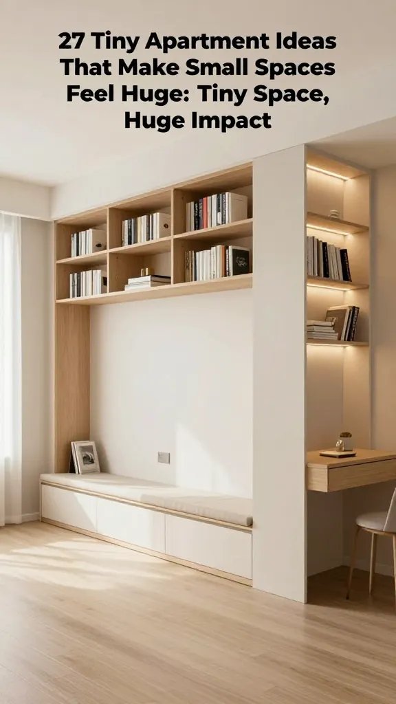 A realistic high-quality photo of a modern tiny apartment interior emphasizing built-ins that blend in. A main subject from the article title "27 Tiny Apartment Ideas That Make Small Spaces Feel Huge: Tiny Space, Huge Impact" should be depicted as the focal point: a sleek, integrated built-in wall unit that runs floor-to-ceiling, combining floor-to-ceiling bookshelves with a concealed window-seat storage. The unit features integrated warm LED lighting along the shelves and under the window-seat, creating a soft, clutter-free glow. The window-seat has a cushioned bench with hidden drawers beneath, and a few carefully arranged books and decorative objects to suggest functionality without visual clutter. The surrounding space should be light, airy, with neutral tones (soft beiges, warm whites, and natural wood accents), and a small, tidy workspace tucked into the built-in nook. The room should feel polished and organized, with clean lines, hidden cables, and a sense of maximum storage in a compact footprint, capturing the idea that integrated built-ins reduce visual clutter and unlock space. No text on the image.