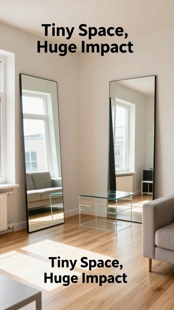 A high-quality, hyper-realistic interior photograph of a small, modern apartment living area featuring large, strategically placed mirrors that create instant depth and brightness. The scene shows one full-length mirror opposite a bright window reflecting natural sunlight across a compact, minimalist living space with light wood floors, pale walls, and a slim, unobtrusive sofa. Another mirror is positioned behind a transparent, glass-tinished coffee table or a clear display cabinet to amplify the glow of ambient lighting. Include a slim hallway in the background with the mirrors making it appear wider, and ensure the space looks airy and expansive without any demolition. The main subject should be the article title concept: "Tiny Space, Huge Impact," visually represented by the mirrors transforming the room into a brighter, more expansive environment. Realistic textures, natural lighting, crisp details, and no text or watermark on the image.