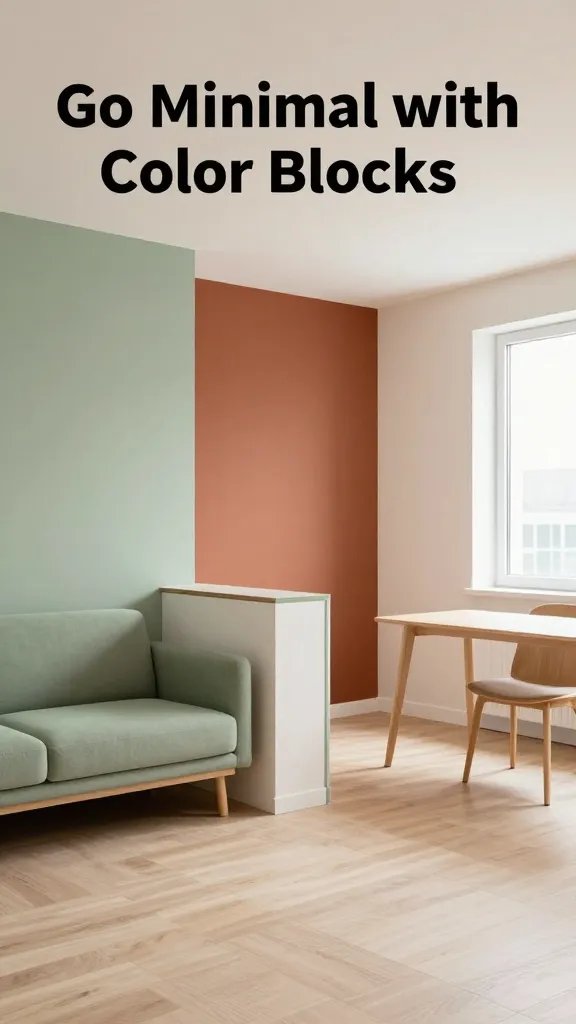 A realistic, high-quality interior photograph of a modern tiny apartment emphasizing a minimalist color-blocking approach. The living area features bold, yet limited color blocks in two to three tones—soft sage green and warm terracotta with a light cream backdrop—to subtly define functional zones without closing them off. An accent wall uses a bold but restrained color block behind a slim, low-profile sofa, while contrasting trims and a narrow console with a subtle color edge delineate the dining nook. Large surfaces remain light to breathe, with natural wood textures, airy white ceilings, and plenty of natural light from a nearby window. The scene showcases a cohesive, uncluttered layout where color blocks highlight zones (sitting area, dining space, and a compact work zone) without overwhelming the space, and the overall mood is calm, organized, and cheery. The main subject from the article title—“Go Minimal with Color Blocks”—is represented by the serene, color-defined layout that feels spacious and inviting in a tiny apartment. No text on the image.