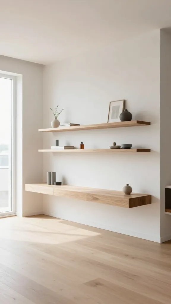 A bright, modern one-bedroom apartment interior showcasing a minimalist, airy living space with floating elements. The main subject is the floating concept itself, so depict wall-mounted shelves at eye level displaying a few carefully arranged decorative items, and a wall-mounted desk integrated into a stylish work nook with no visible legs. The room should have uncluttered floors with clever mounts keeping items off the surface, airy light from large windows, and a calm, neutral color palette with soft whites, warm woods, and subtle gray accents. Include open sightlines, high perceived ceiling height, and a serene, organized atmosphere that conveys calmness and a bigger-feeling space. Realistic high-resolution interior photography with natural lighting, shallow depth of field on the shelves and desk to emphasize the floating effect, and no visible text on surfaces.