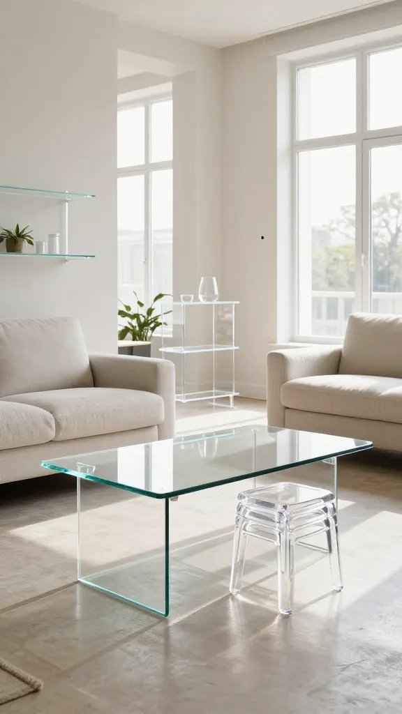 Create a high-resolution, photorealistic living room scene that showcases transparent furniture to maximize light flow. The main subject should be a clean, airy space featuring a glass coffee table with a sleek, frameless design, paired with acrylic stackable stools tucked under the table, and clear acrylic shelves mounted on a light-colored wall. The room should have abundant natural light streaming in through large windows, reflecting off the transparency of the furniture to create an open, seamless feel. Include subtle texture on the floor (light wood or polished concrete), soft neutral tones for upholstery, and a few minimal decorative elements (plants, a simple rug, and a slim floor lamp) to maintain an uncluttered look. No text or logos visible. The overall vibe is modern, elegant, and spacious, with transparency visually expanding the space without sacrificing function. The main subject should align with the article’s title about transparent furniture enhancing light flow in a tiny-space design.