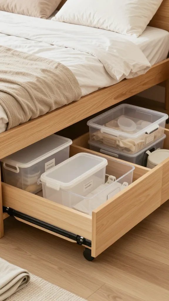 A realistic high-quality photograph of a modern bedroom under-bed storage setup, featuring a low-profile bed with a neatly organized under-bed area. Show slim, clear flat bins and rolling drawers pulled out slightly for accessibility, plus collapsible containers stacked neatly. The scene includes labeled storage bins visible from the side (labels read clearly such as "linen" and "off-season"), a tidy floor with a few folded blankets, and a soft neutral color palette (beige, white, and light wood tones). Lighting is bright and natural, highlighting the under-bed space and the orderly organization that reduces closet clutter. No text on the image itself. The composition centers on the bed frame with the under-bed storage clearly in view, capturing a realistic, lived-in feel with detail such as handles, labels, and moisture-free container surfaces.