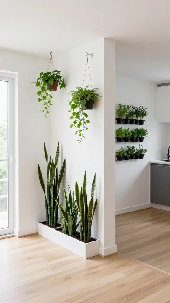 A realistic, high-quality interior photograph of a modern tiny apartment showcasing vertical greenery to create a sense of openness. The main subject is lush greenery growing upward: tall, slim planters with a snake plant and ZZ plant placed along a narrow wall, a few hanging pots with pothos cascading from ceiling hooks, and a small hanging terrarium cluster near the ceiling. A compact herb wall is mounted near the kitchen area, featuring herbs in neat rows at eye level. The space is bright with natural light from a window, clean white walls, and light wood flooring; minimal ground clutter, open sightlines, and a calm, airy vibe that visually expands the room. No text on the image.
