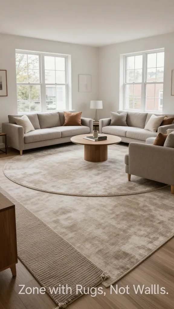 A realistic high-quality interior photograph of a small living space that demonstrates “Zone with Rugs, Not Walls.” The main subject is a cozy apartment living area where a large, plush area rug anchors a circular seating cluster consisting of a low-profile sofa, a couple of matching armchairs, and a coffee table, all arranged to define a distinct zone without obstructing sightlines to the rest of the room. Include a smaller textured runner layered in a complementary shade along an adjacent pathway to add depth. Ensure a cohesive color palette across textiles—sofa, cushions, rug, and runner in harmonious neutrals with subtle warm accents. The background should feel expansive, with natural light streaming through unobstructed windows, reflecting a modern, minimalist style. Keep surfaces clean and uncluttered, with tasteful, functional decor, and emphasize the feel of warmth and spaciousness created by strategic rug placement rather than walls. No text on the image.