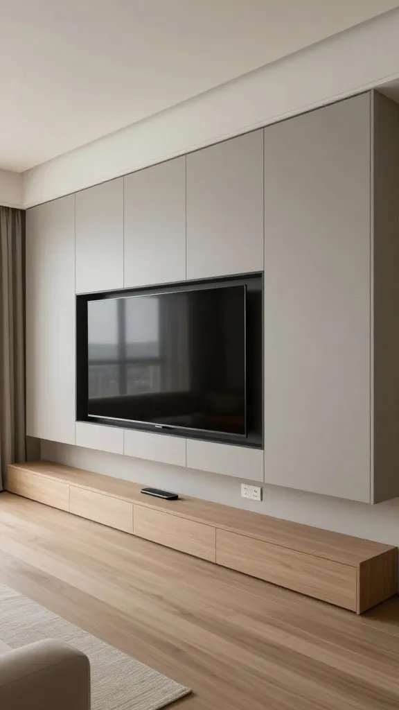 A realistic, high-quality photo of a stylish modern living room that embodies the concept “Hide Tech in Style.” The main subject is a sleek, built-in media wall with seamless cabinetry and a discreet power management system. The wall features hidden cord troughs along the wall line and integrated outlets within the cabinets, with a clean, cable-free surface. A flat-screen TV is mounted flush with the cabinetry, and there is a wireless charging station embedded into a smooth, clutter-free side surface. Subtle cord concealers run along the back edge of the TV stand and behind the cabinet door panels, keeping cables invisible. The room uses a neutral, calming palette—soft grays, warm wood tones, and matte finishes. Smooth, one-clean-surface aesthetic with minimal accessories, a single wireless-s charging pad visible on a hidden tray, and no visible cords. The overall composition conveys a tidy, organized space that reduces brain fog and emphasizes functional elegance. No text or labels on the image.