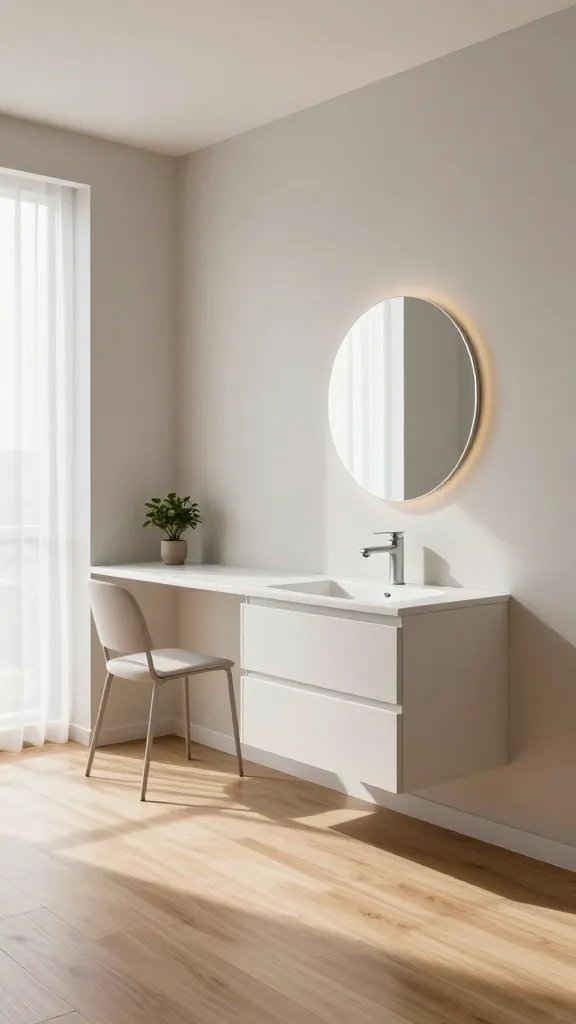 A realistic, high-quality photo of a modern small apartment bathroom and compact workspace hybrid, featuring a floating vanity and a floating desk nook. The vanity appears wall-mounted with sleek, handle-less drawers, a clean white countertop, and a minimalist round mirror above it, with soft, diffused backlighting. Adjacent, a floating desk is mounted to the same wall, with a slim desktop surface, a single slim chair tucked underneath, and a small potted plant for a touch of greenery. The room has light, airy tones: pale warm gray walls, light wood flooring, and ample natural light streaming through a large window with sheer white curtains. The space emphasizes visual floor continuity with no visible legs on the furniture, creating the illusion of more floor space and taller ceilings. Subtle, indirect lighting highlights the floating elements, casting a glamorous glow for day-to-day tasks while maintaining a clean, uncluttered look. The overall composition should feel cohesive and spacious, illustrating how floating furniture enhances perception of space in a small apartment. No text or logos on the image.