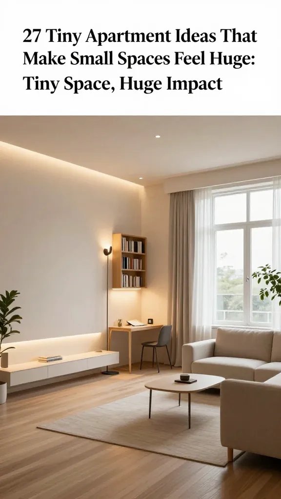 Create a high-resolution, photorealistic interior scene of a small modern apartment living area that conveys elevated lighting layering. The main subject should be the perspective and ambiance inspired by the article title "27 Tiny Apartment Ideas That Make Small Spaces Feel Huge: Tiny Space, Huge Impact," visually represented by the space feeling larger through lighting. Include: a floor-to-ceiling floor lamp with a slim, elegant design reaching near the ceiling, wall sconces mounted on both sides of a compact bookshelf or media wall to keep surfaces clear, and an LED strip glow subtly under floating shelves along the wall. The room should feature ambient, task, and accent lighting harmonized: warm ambient ceiling light, a focused task light on a small workstation or reading nook, and soft accent glow from under-shelf LEDs. Use natural daylight coming through a large window with sheer curtains to enhance depth, with light reflections on light-colored walls and a minimalist, clutter-free furniture layout: a compact sofa, a slim coffee table, and a vertical plant for life without crowding. The color palette should be neutral with warm undertones (beiges, soft whites, light wood) to emphasize spaciousness. No text, no branding, and every element should look photorealistic and meticulously detailed.