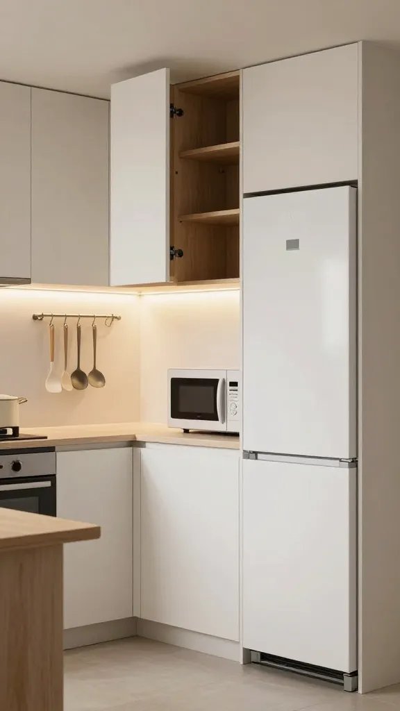 Ultra-realistic, high-quality photo of a compact, slim-profile kitchen layout in a modern apartment. The scene features a streamlined, galley-style kitchen with clean lines, handle-free cabinets, and a narrow footprint that still feels airy. Include smart organization elements: pull-out pantry shelves tucked into the cabinetry, magnetic hooks on a rail for utensils, and under-cabinet lighting that casts a warm, inviting glow along the countertop and backsplash. Visible surface-saver appliances (such as a slim microwave, compact dishwasher, and a shallow, tall fridge) are integrated seamlessly to maximize space. The palette is light and neutral with natural wood accents, a small open countertop workspace, and reflective surfaces that brighten the room. The image should convey the idea of "Cook more, clutter less, feel the space breathe" with a clutter-free, efficient, and breathable kitchen setup. No text on the image.