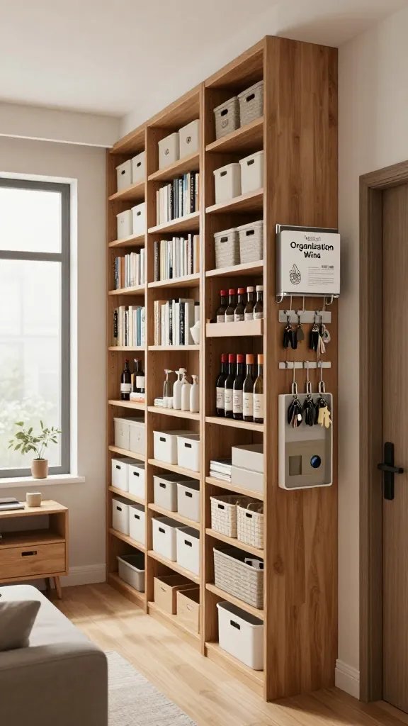 A realistic, high-quality photo of a modern small apartment living space showcasing vertical organization: tall, slender bookcases reaching toward the ceiling filled with decorative bins and neatly labeled storage baskets, a spice rack neatly mounted inside a cabinet door, hanging organizers in the entryway holding keys and small accessories, and a clutter-free living area with a clean top-to-bottom aesthetic. The main subject reflects the article’s heading "Vertical Organization Wins" by emphasizing vertical storage solutions that visually elongate the room—high shelves, wall-mounted organizers, and intelligent cabinet-door spice storage—all arranged to create a sense of height and spaciousness in a compact apartment. Soft natural light from a large window highlights the organized surfaces, with neutral tones, warm wood textures, and minimal decor to keep focus on the vertical storage features. No text on the image.