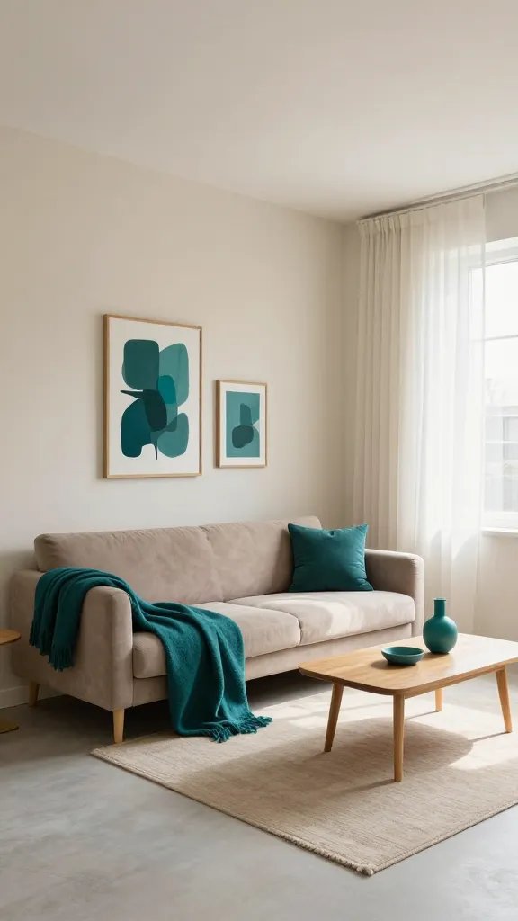 A realistic high-quality interior photograph of a small, sunlit living room in a modern apartment, featuring a color-wise narrow palette: base neutrals such as warm beige walls, soft taupe sofa, and light gray flooring; one bold accent color—deep teal—expressed consistently across textiles and art (teal throw blanket, teal throw pillows, a teal vase, and teal-framed abstract art). The accent color should be carried across multiple elements to unify the space: the textiles, a small rug, and decorative objects. Large surfaces utilize lighter shades (off-white ceiling, pale cream drapery, and light wood coffee table) to maximize brightness and perceived space. Keep the overall scene calm and cohesive, with minimal clutter, a single accent piece repeated harmoniously, and natural light streaming through sheer curtains to enhance the sense of openness. Ensure the main subject from the article title—color-wise narrow palettes in a small space—is clearly represented, with the room feeling expansive and calm without any text or signage in the image.