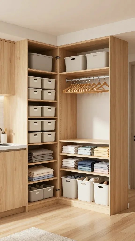 A realistic, high-quality photo of a modern, tiny apartment interior featuring a well-organized fold-then-store strategy. The main subject is a tidy living space with a compact, open-concept layout: a small kitchen area with a neatly arranged pantry using uniform, labeled stackable containers; a compact laundry corner with neatly folded clothes in matching bins; a sleek closet area with uniform hangers and a grenade-proof, neatly organized system; items stored out of sight in under-bed storage and high shelves to minimize visual clutter. The scene shows clear breathing room, soft natural light from a window, light wood tones, and minimalistic decor to emphasize order and spaciousness. No text on the image.