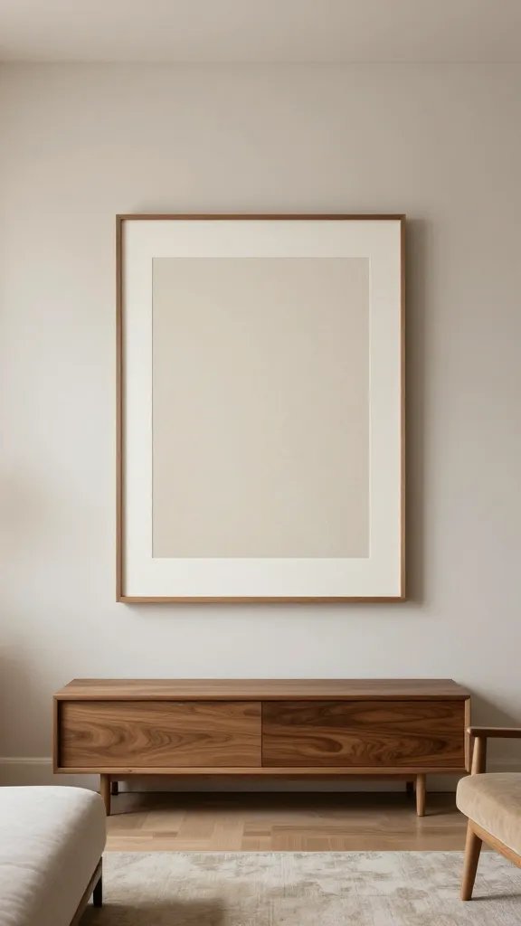 A realistically lit, high-quality photograph of a stylish, compact living space that centers on a single large piece of art hung on a clean, softly textured wall. The room features cohesive framing in warm wood tones that echo nearby furniture, with a carefully curated selection where one dominant statement piece sits above a slim console or sofa. Surrounding walls remain intentionally sparse to create negative space, emphasizing balance and intentional design over clutter. The decor includes neutral, earthy tones with subtle pops that coordinate with the frame and furniture, a single well-chosen large artwork as the focal point, and minimal additional wall art. The atmosphere should feel modern, calm, and sophisticated, showcasing how art enhances the space without crowding it. The overall scene is photorealistic, with natural daylight, shadow detail, and textures on walls, fabric, and wood clearly visible.