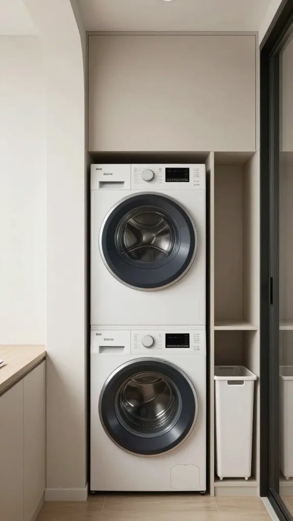 A realistic, high-quality photo of a compact, well-organized laundry setup tucked into a small apartment corner, featuring a stackable washer-dryer unit with a sleek, modern design placed beside a narrow wall and integrated shelving. Include a quiet, efficient look with soft, ambient lighting and a subtle, ventless configuration visible behind the unit. Show a slim pull-out hamper integrated into the cabinetry for quick decluttering, and a small, unobtrusive ventilation option or sound-dampening panel to suggest noise-conscious design. The space should feel seamless with the surrounding living area, emphasizing how the laundry nook is out of sight from the main room yet easily accessible, with clean lines, neutral tones, and a clutter-free surface. The main subject from the article title should be clearly represented: "Smart Laundry Setup" as the central idea, without any text overlaid on the image.