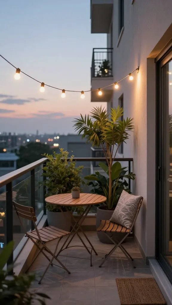A realistic, high-quality photo of a cozy apartment balcony transformation that embodies the concept "Cozy Balcony Converts" as described in the article. The scene features a compact urban balcony with a foldable bistro set in a warm, inviting finish, arranged against a soft twilight backdrop. Soft, glowy string lights hang overhead in a gentle arc, casting a magical ambiance. A tall, slender planter with lush greenery creates privacy without bulk, positioned along the railing. The balcony floor is clean and stylish with neutral-toned outdoor tiles or decking, a small rug, and a couple of decorative cushions on the bistro chairs. The horizon in the distance feels expansive, suggesting a bigger horizon beyond the balcony. The overall mood is intimate, serene, and stylish, with natural textures (wood, wicker, metal) and muted tones. No text on the image. The main subject should feel like a private retreat that makes tiny outdoor spaces feel larger.