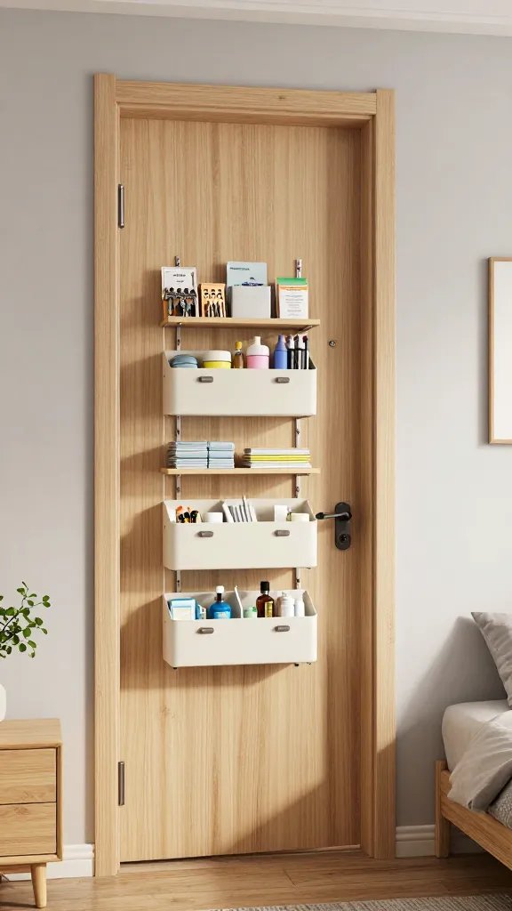 A high-resolution, hyper-realistic interior photography scene showcasing a compact, modern apartment bedroom and entryway. The main subject is a door with slim adhesive or hook-mounted shelves attached to the back, displaying neatly labeled mini bins and organizers for daily essentials. The door should be open onto a small closet nook, with clean lines and warm, natural lighting. Include a few tiny, well-organized shelves stacked with lightweight items (keys, mail, travel-sized toiletries, and small tools) and a couple of labeled bins on the door. The surrounding space features light wood tones, soft-gray walls, a compact bed with a slim nightstand, and subtle greenery in a small pot to convey a lived-in, functional apartment. The image should be highly detailed, realistic, and free of text overlays.