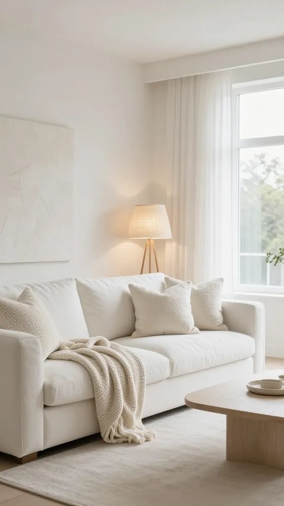 A bright, airy living room scene featuring a main subject: a cozy, modern seating area styled with textured whites. The composition centers on a plush white sofa piled with knitted throws and boucle pillows in various off-white tones. A woven lampshade lamp stands to one side, casting soft, warm light. The walls showcase subtle textured panels in creamy off-white, adding depth without overpowering the space. A light, clean coffee table with a minimalist design sits in front, and a large, abstract, softly blurred background keeps the focus forward. Natural daylight pours in from a large window with sheer white curtains, illuminating the room and enhancing the pristine, expansive feel. The overall mood is clean, calm, and incredibly expansive, with a high-resolution, photorealistic quality. No text.