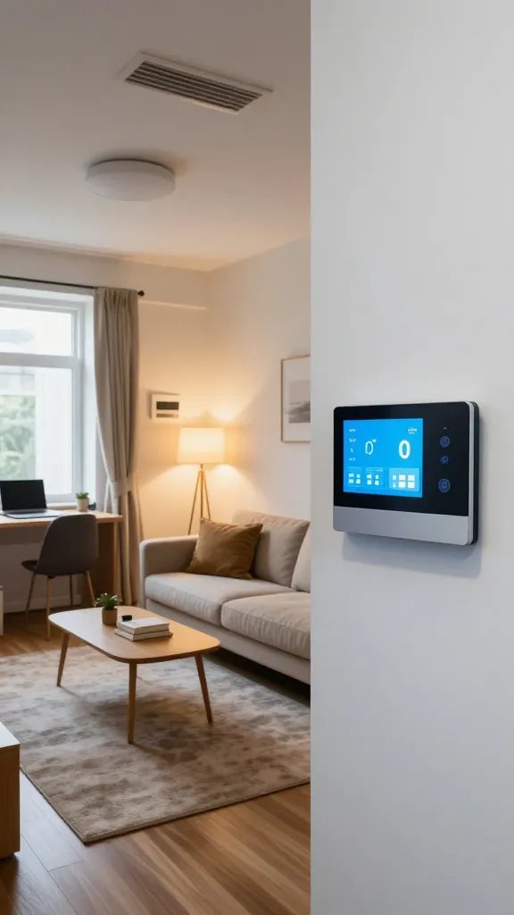 A high-quality, realistic interior photo of a stylish, compact apartment living area showing smart temperature zoning in action: a cozy, open-plan space with a modern sofa, a small coffee table, and a workstation by a window. In the foreground, a sleek smart thermostat mounted on the wall displays a customizable schedule, with a separate set of small ceiling vents and a discreet smart vent near the sofa. Subtle indicators of zoned heating/conditioning: one zone around the living area emitting gentle, even warmth with a soft glow from a thermostat screen, and another area without heat to demonstrate targeted cooling/less heating. The room should look lived-in and inviting, with layered textures (soft rug, cushions, warm wood tones) and natural light. Ensure clean lines, realistic lighting, and a sense of comfort and efficiency that conveys precise, comfortable climate control throughout the space. No text on the image.