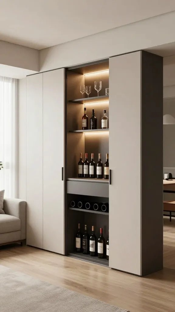 A realistic, high-quality interior photograph showing a stylish, compact living space with a cleverly concealed bar setup. The main subject is a sleek cabinet with sliding doors that, when closed, hides a compact, well-organized bar area, yet reveals a warm, inviting glow from lighted shelves when opened. The scene includes smart, space-saving details: a slim cabinet with integrated bottle storage, neatly labeled bottles, and a few high-end glassware pieces arranged on illuminated shelves. The room should feel open and airy, with soft natural light filtering through a nearby window, a small seating area in the background, and subtle decor that suggests hosting vibes without crowding the space. Emphasize the idea of entertaining being effortless: the bar is accessible but unobtrusive, neatly tucked away to maximize floor space, with tasteful, modern finishes and a cohesive, minimalist aesthetic. No text or logos in the image.