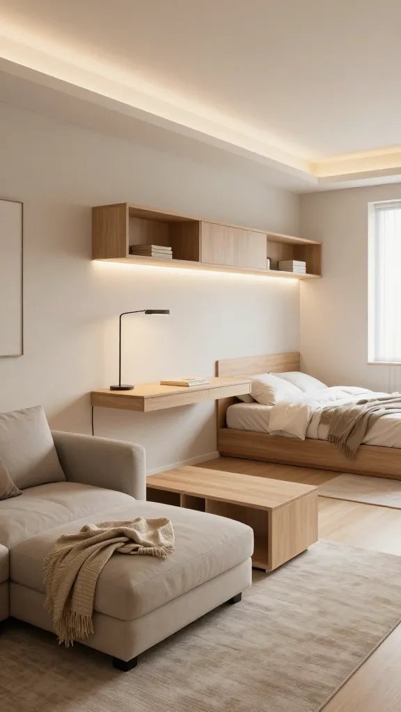 A realistic, high-quality photo of a stylish small living space that demonstrates multi-functional furniture in the living area, floating storage in the bedroom, and layered lighting to enhance perceived spaciousness. The scene features a compact, modern living room with a sofa that doubles as a storage ottoman and a wall-mounted, slim-profile console that doubles as a coffee table and desk. In the background, a cozy bedroom nook utilizes floating shelves and wall-mounted storage above a minimalist bed with a low platform frame. Soft, layered lighting includes warm recessed ceiling lights, a floor lamp with adjustable arms, and under-shelf LED strips to create depth and ambiance. The color palette is light and cohesive—soft neutrals with warm wood tones—accented by a few easy-to-clean textiles like a textured throw and a small rug. The overall composition conveys a dramatic sense of space despite the compact footprint, with clean lines, uncluttered surfaces, and natural light streaming in from a window. No text on the image.